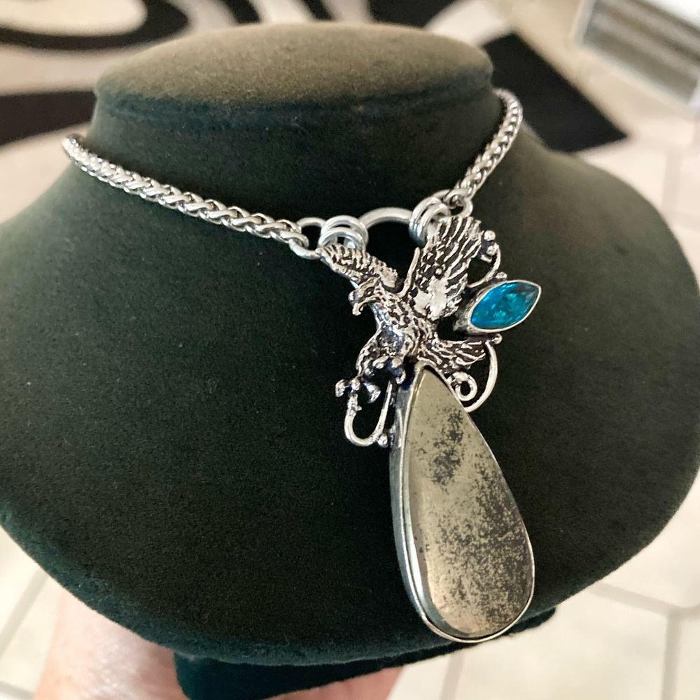 Blue topaz & golden black pyrite gemstone eagle charm boho necklace - Picture 12 of 16